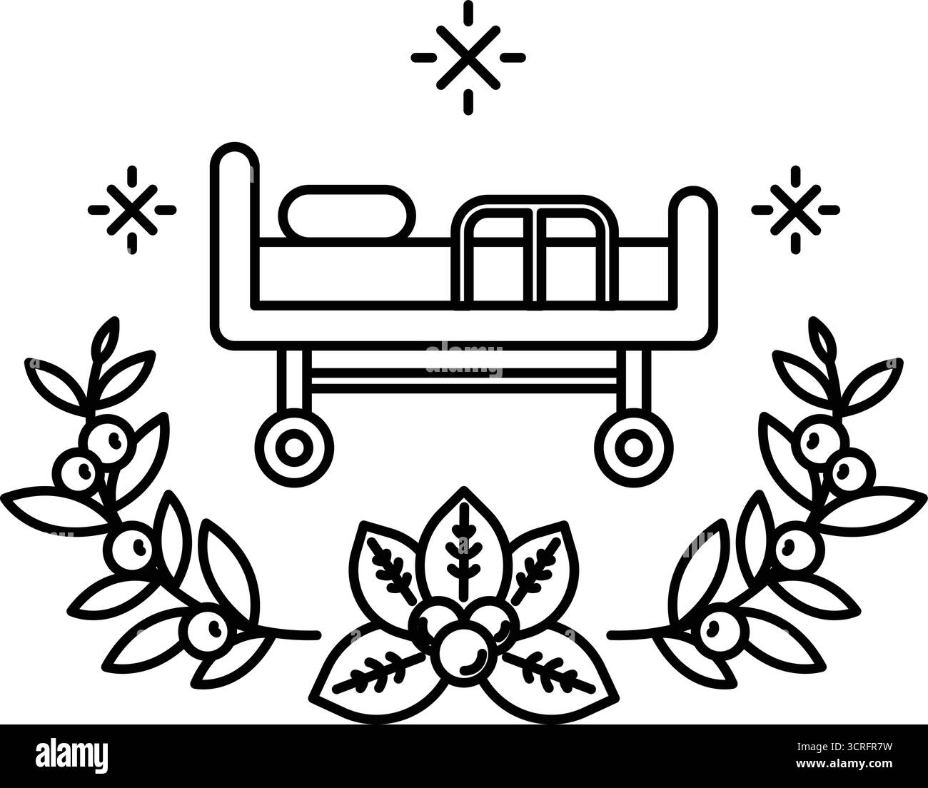 Un lit avec un cadre à roulettes est entouré de feuilles. Le lit est en milieu hospitalier Illustration de Vecteur