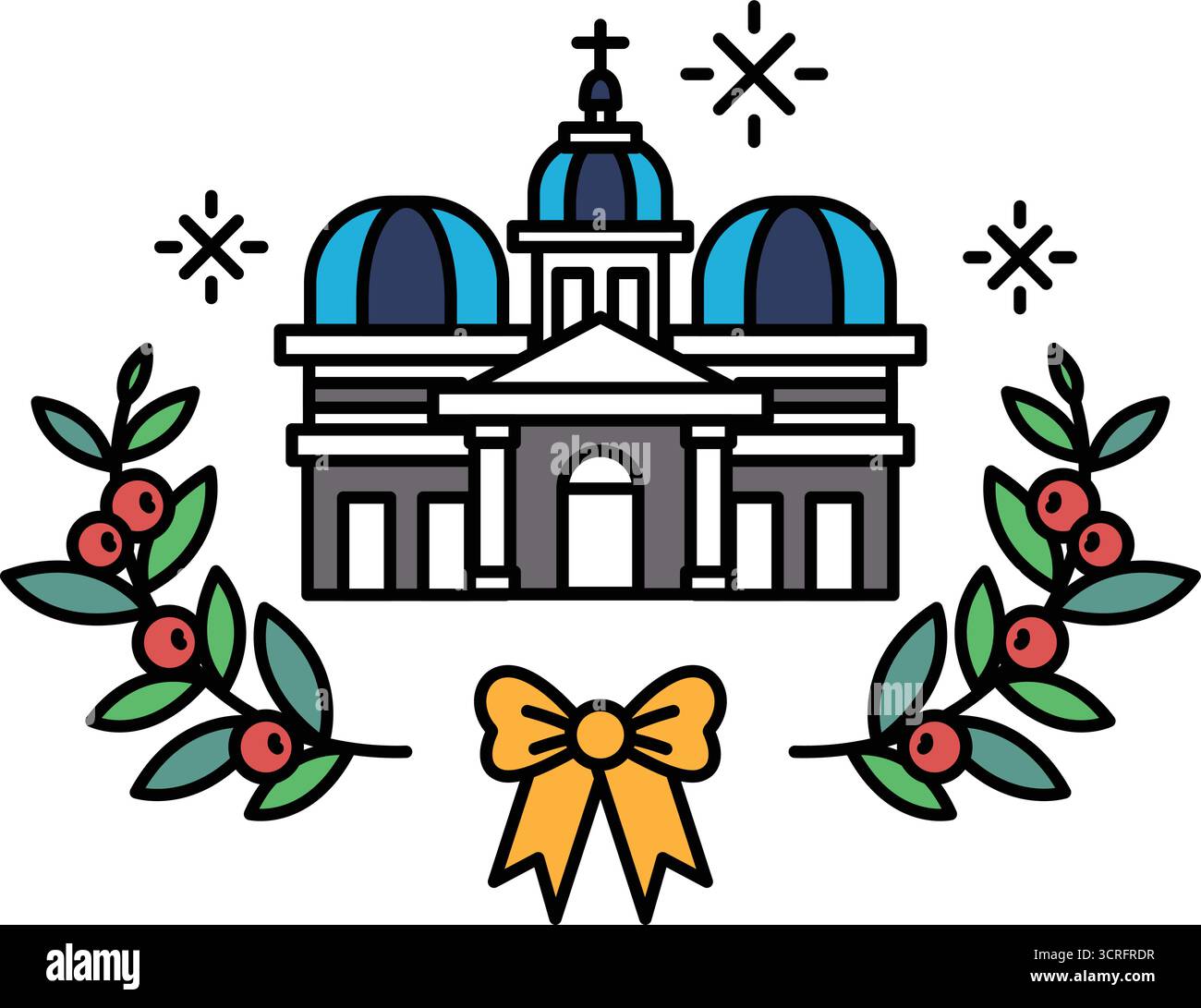 Une église avec un dôme bleu et une croix blanche. L'église est entourée d'une couronne de feuilles et de baies Illustration de Vecteur