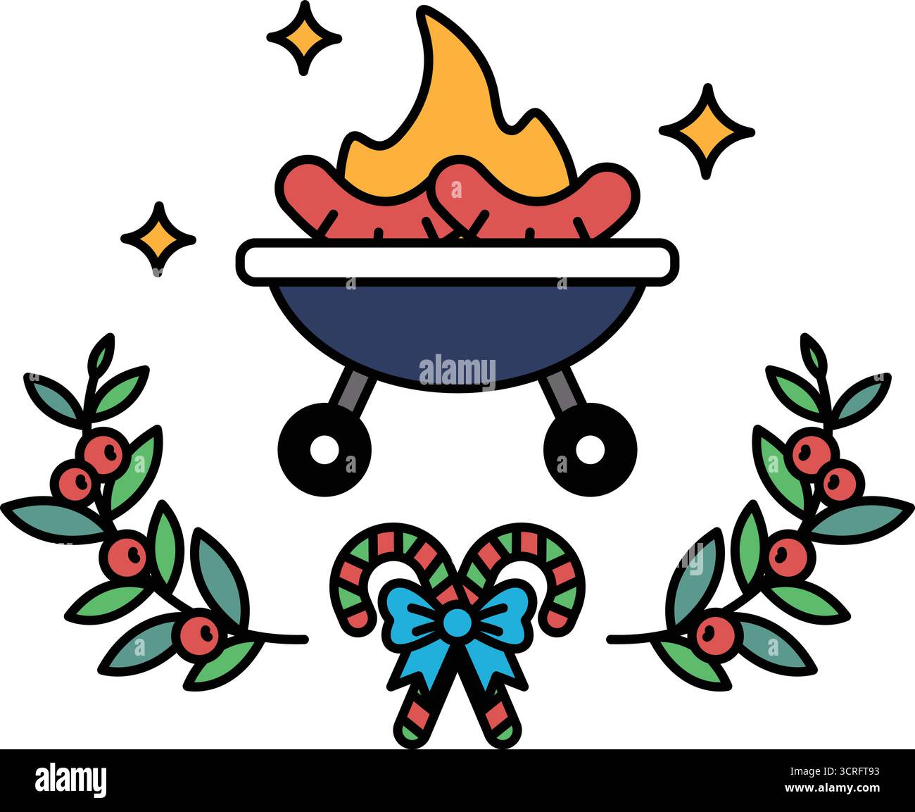 Un dessin cartoonish d'un grill avec deux hot dogs dessus et une couronne de verdure de Noël Illustration de Vecteur Un dessin cartoonish d'un grill avec deux hot dogs dessus et une couronne de verdure de Noël Illustration de Vecteur