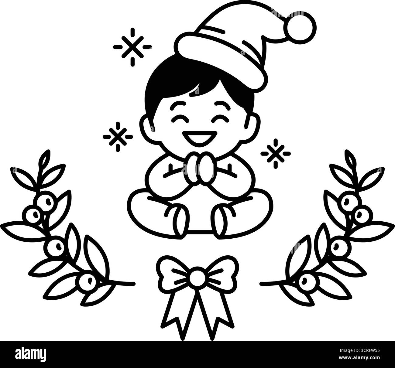 Un dessin en noir et blanc d'un enfant souriant portant un chapeau de Père Noël. L'enfant est assis sur un lit avec un arc autour du cou. Concept de joie et de bonheur Illustration de Vecteur