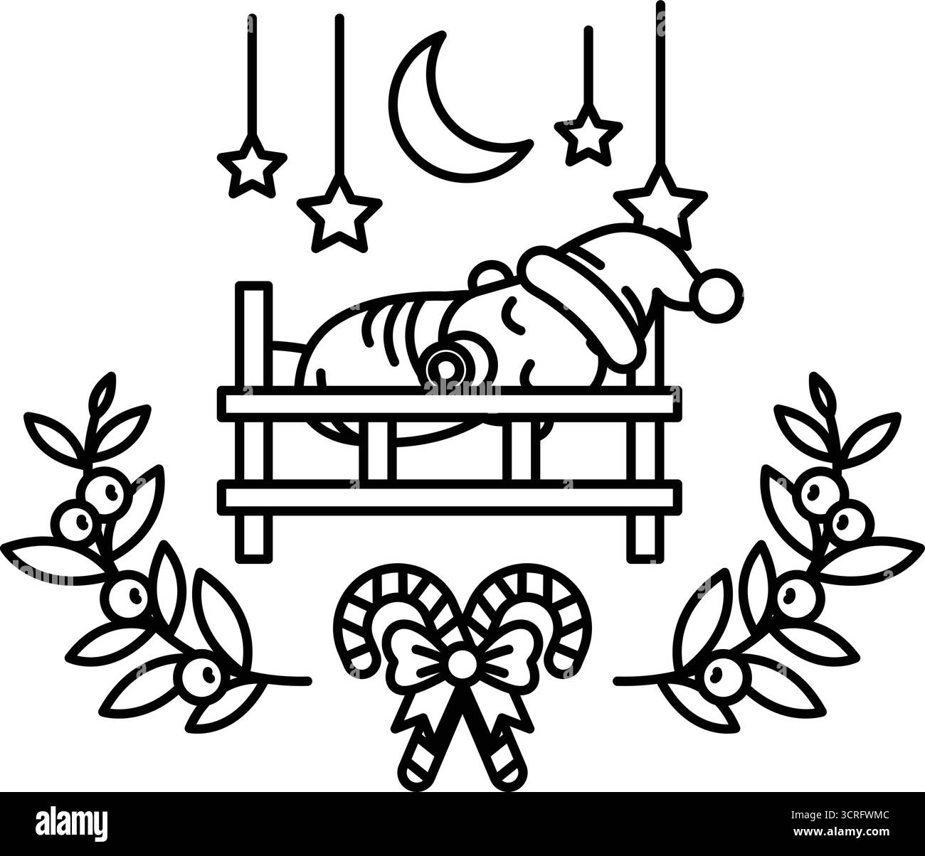 Un bébé dort dans un berceau avec une étoile et une lune au-dessus. Le bébé porte un chapeau de Père Noël Illustration de Vecteur