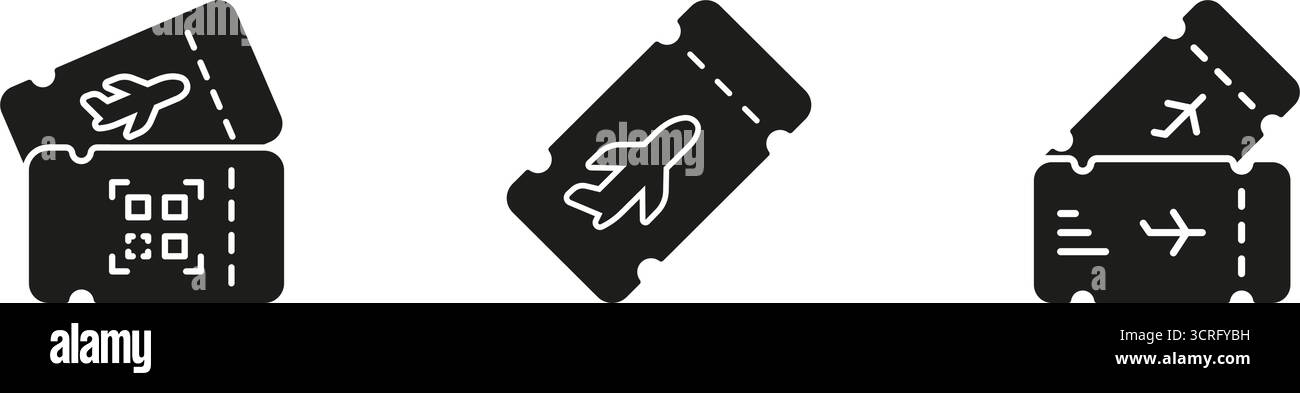 Jeu d'icônes pleines pour le billet d'avion. Réservation de voyage, réservation de vol et collection de symboles Silhouette de carte d'embarquement. Concept de l'aviation et du tourisme Illustration de Vecteur