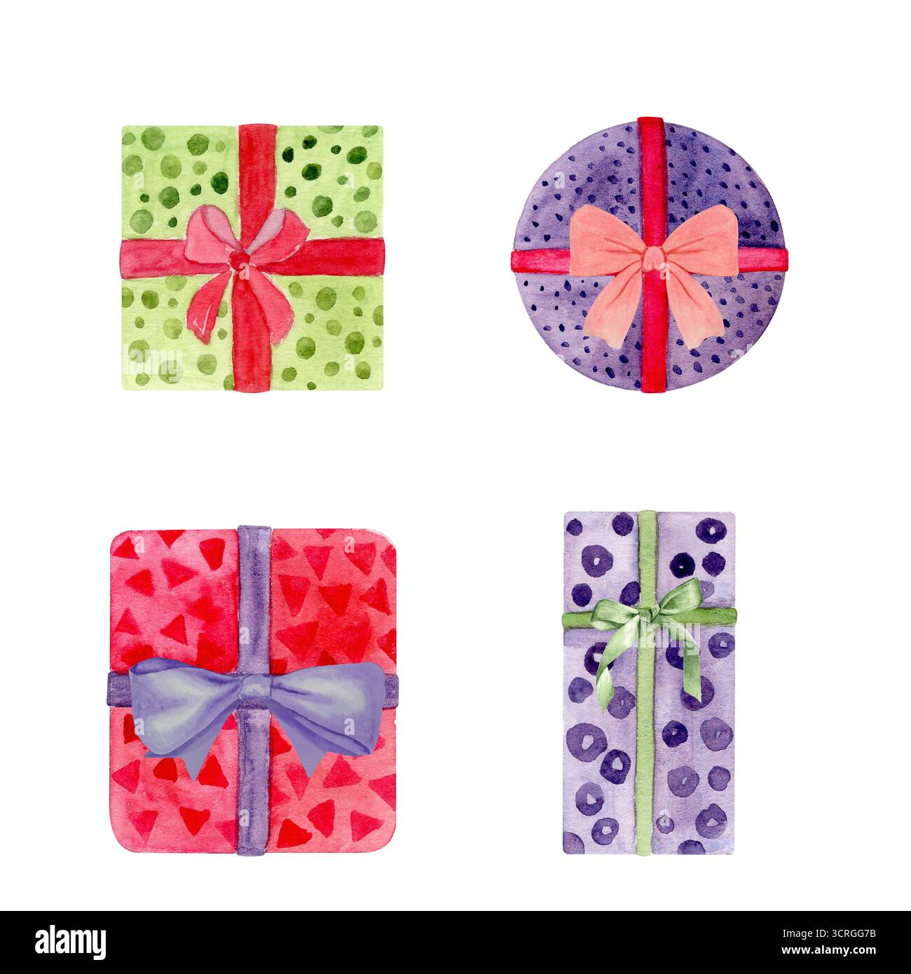 Coffrets cadeaux ensemble noué avec un ruban et un noeud. Illustration aquarelle isolée sur blanc. Parfait pour Noël, nouvel an, anniversaire, célébration Banque D'Images