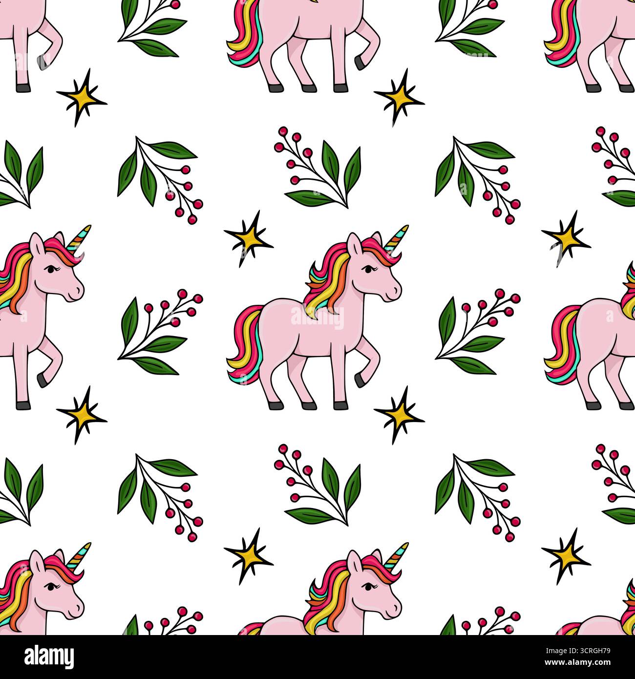 Motif vectoriel sans couture avec de charmantes licornes roses avec des manies arc-en-ciel vibrantes, entrecoupées de brins de baies rouges et d'étoiles jaunes stylisées Illustration de Vecteur