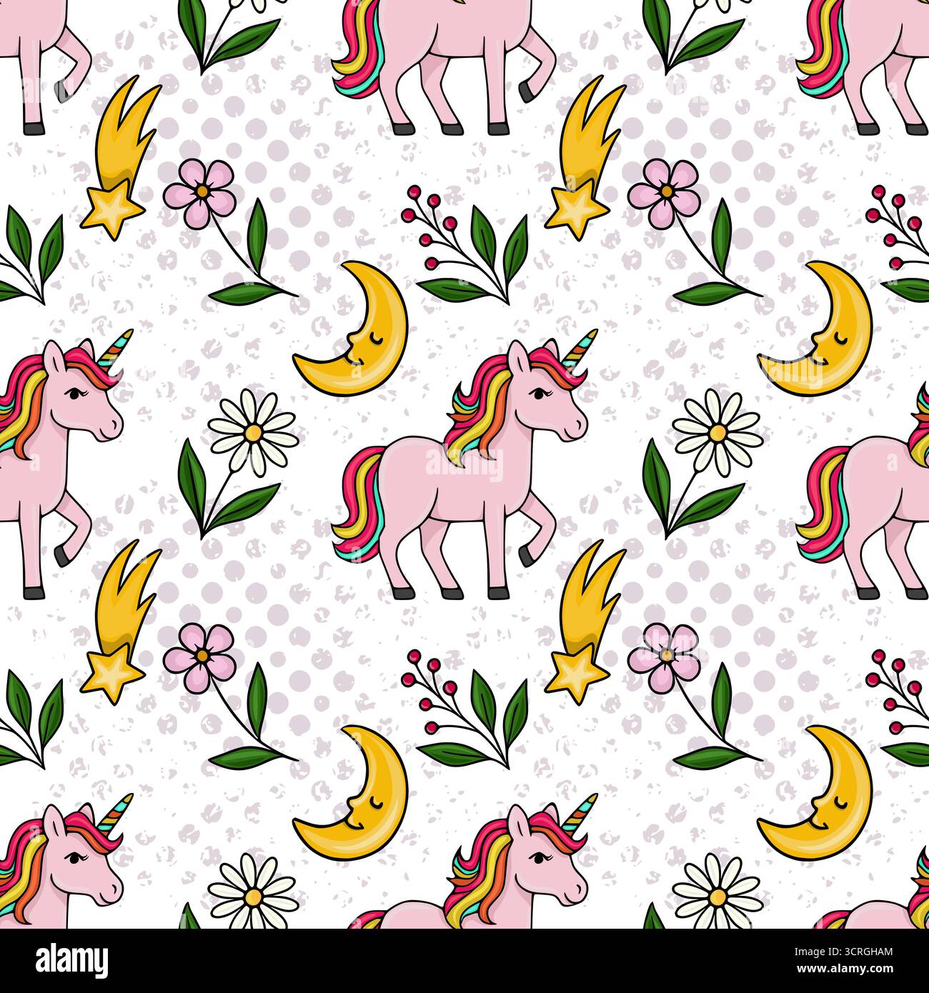 Motif vectoriel sans couture enchanteur avec licornes roses fantaisistes, croissant de lunes célestes, étoiles filantes et éléments floraux délicats sur un texte Illustration de Vecteur