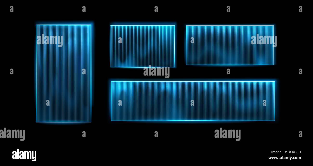Éléments d'interface futuristes avec bordures néon brillantes en verre nervuré pour la conception d'interface utilisateur - cadres bleus éclatants, formes rectangulaires avec surface texturée. Boutons et panneaux SCI fi pour le jeu. Illustration de Vecteur