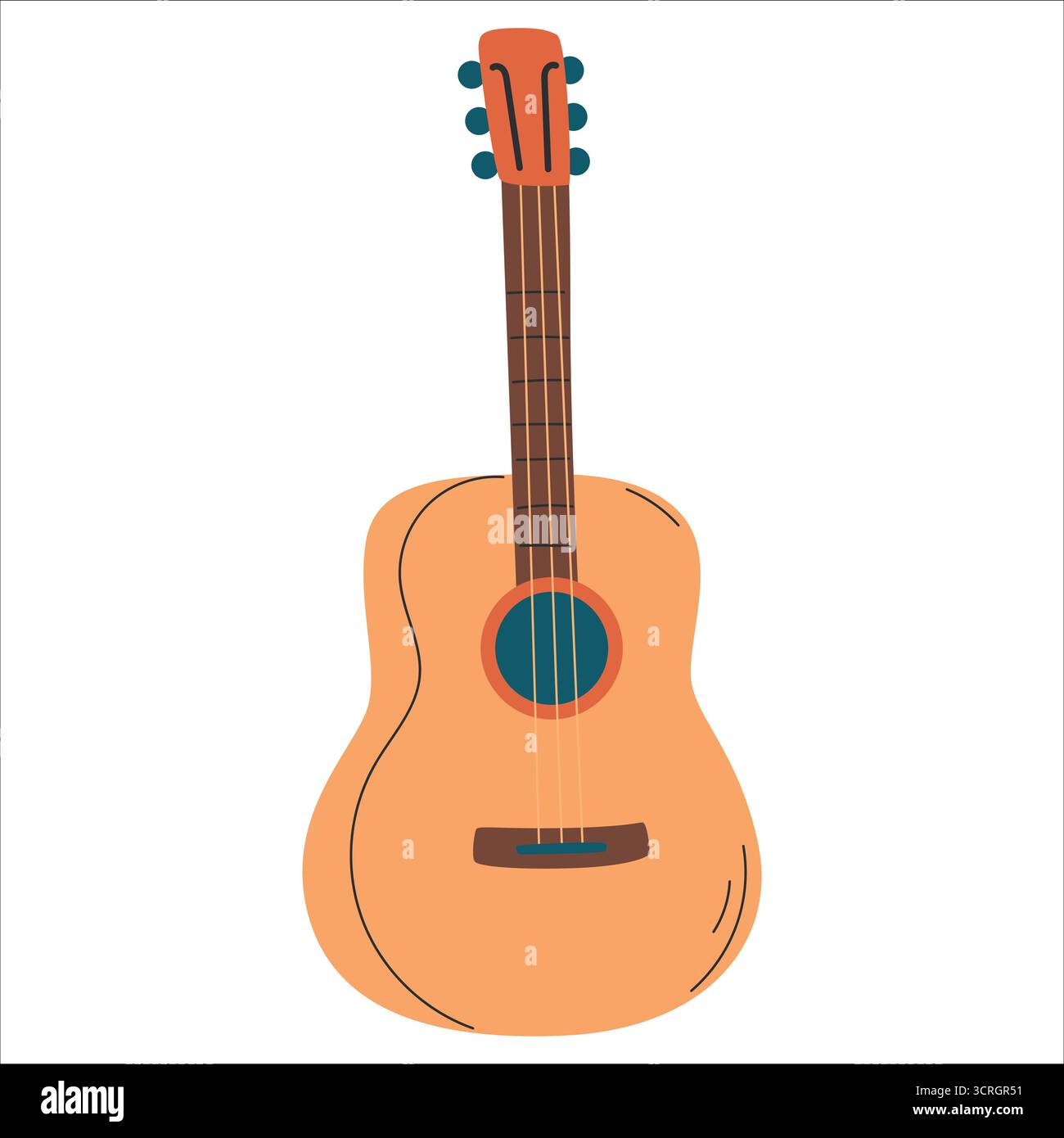 Une guitare acoustique simple avec une finition bois clair et six cordes. La guitare a un trou sonore rond et une forme de corps lisse. Illustration de Vecteur
