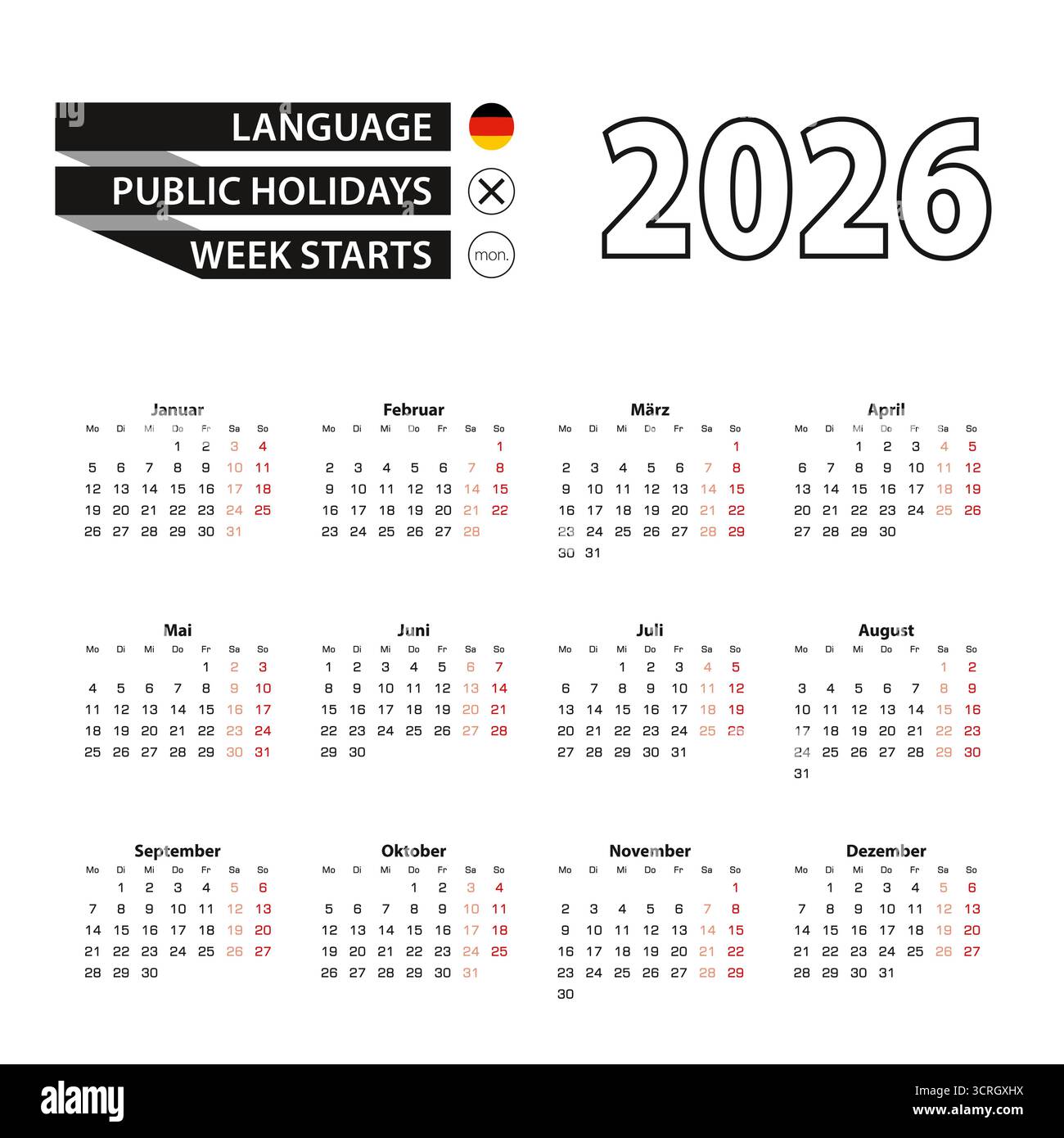 Calendrier 2026 en allemand, la semaine commence le lundi. Calendrier vectoriel 2026 année. Illustration de Vecteur