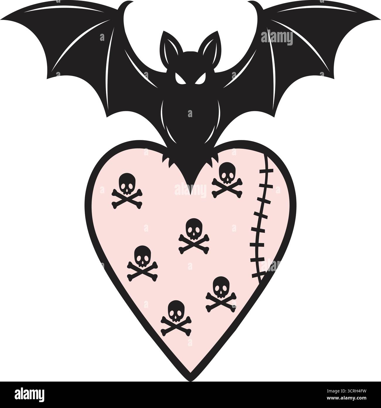 Cette illustration avant-gardiste présente une chauve-souris perchée au sommet d'un cœur orné de crânes et de détails cousus. Parfait pour les projets sur le thème d'Halloween, l'art gothique Illustration de Vecteur