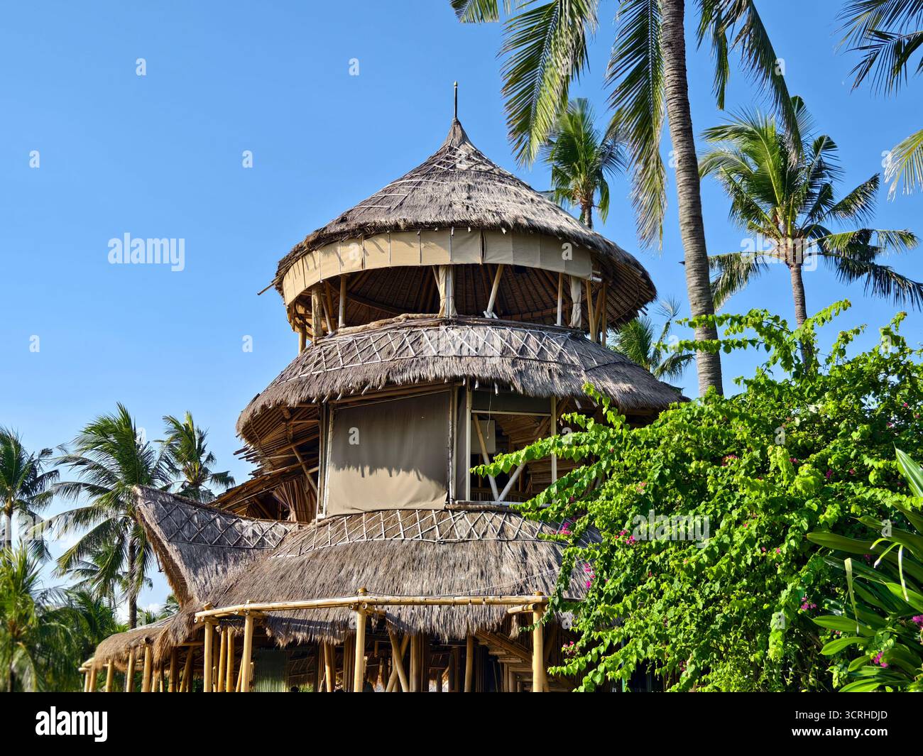 Une maison en bambou durable à plusieurs étages avec toit de chaume dans un paradis tropical Banque D'Images