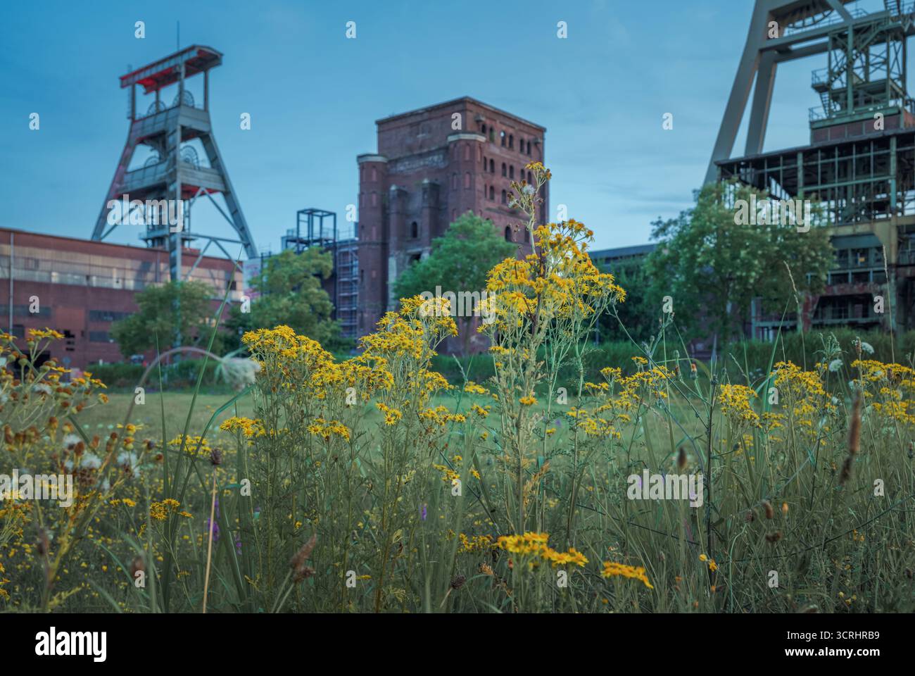 Tour minière industrielle historique au coucher du soleil – monument d'architecture abandonnée avec structure en acier et ciel atmosphérique Banque D'Images