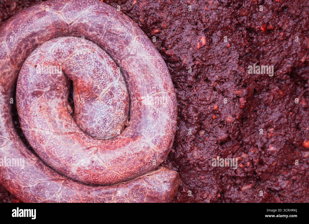 Grande pile de saucisses de sang maison traditionnelles et pudding noir, vue de dessus, gros plan Banque D'Images