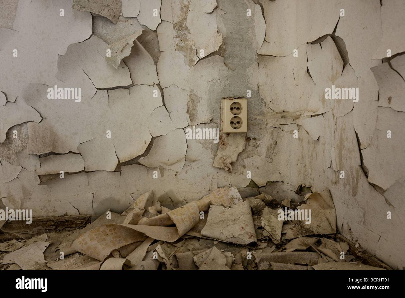 Mur délabré avec peinture écaillée et ancienne prise de courant dans un bâtiment abandonné – détail de décomposition urbaine texturée dans des tons neutres Banque D'Images
