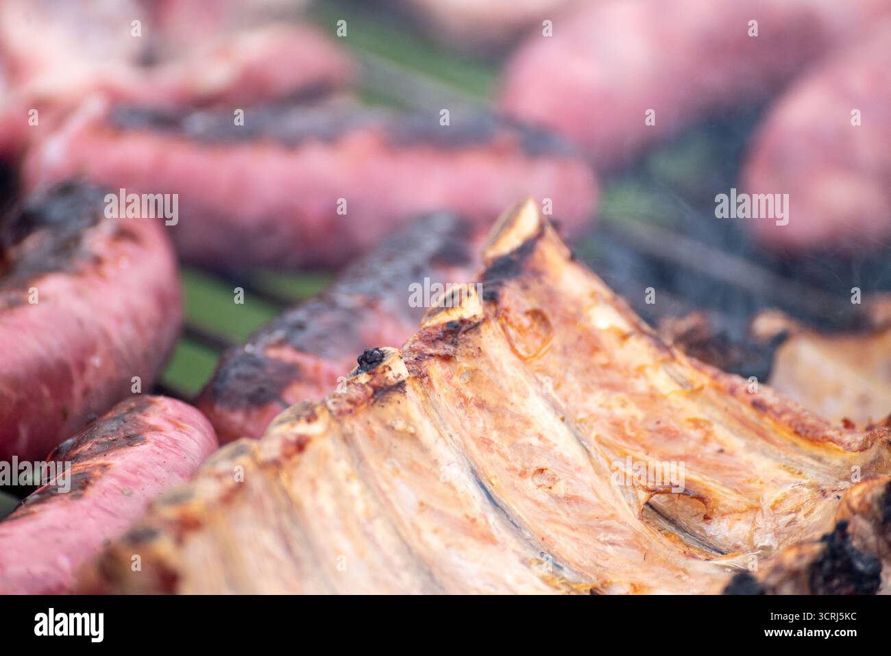 Une côte carbonisée et une saucisse sur un barbecue le concept d'une cuisine extérieure Banque D'Images