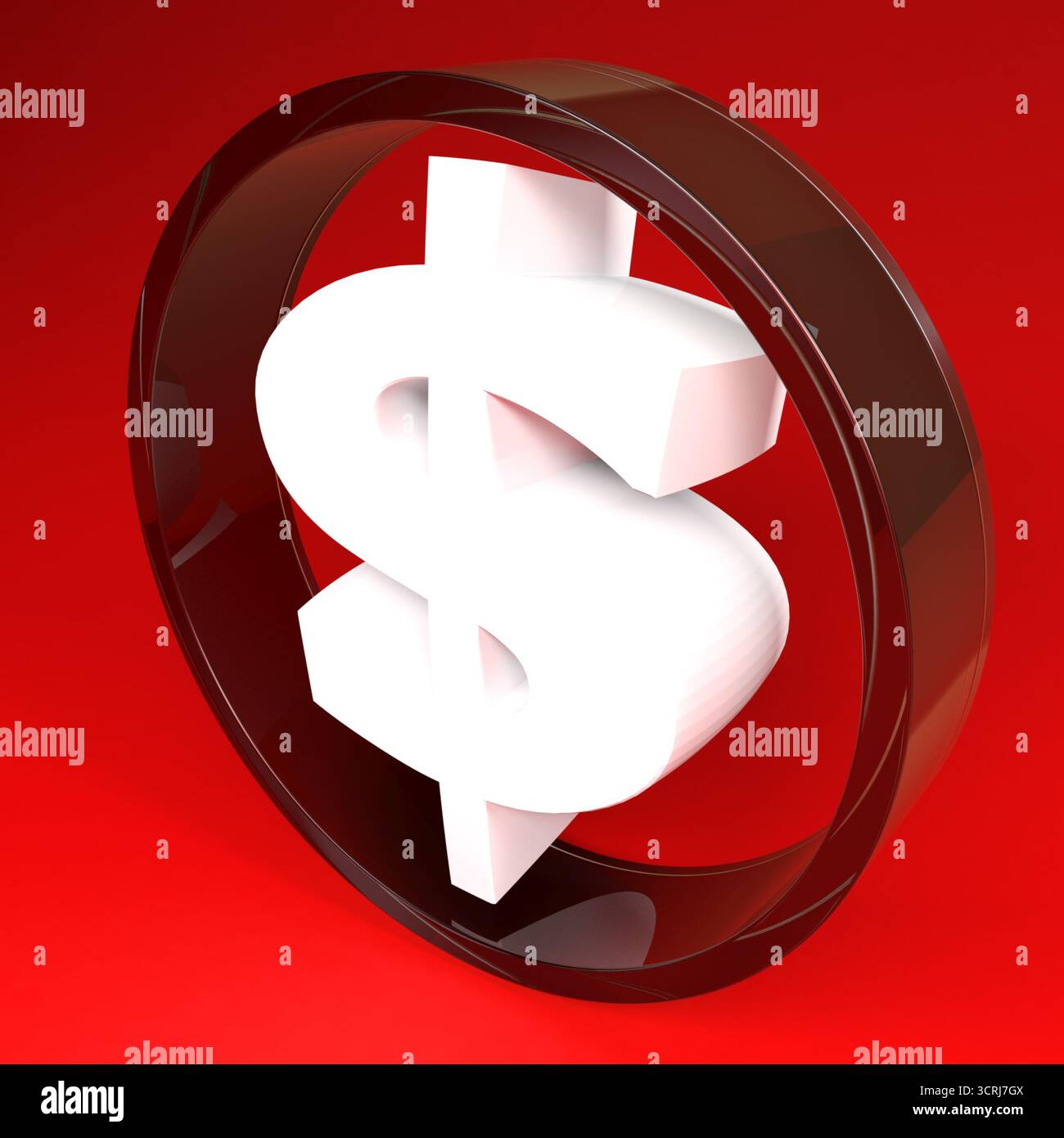 Soupir de dollar blanc, à l'intérieur du cercle de verre, sur fond rouge Banque D'Images