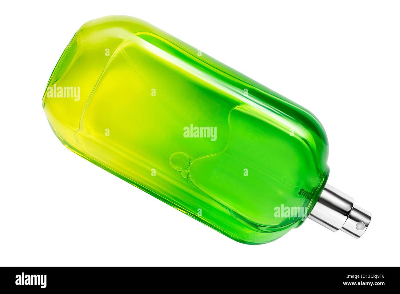 Flacon de parfum en verre vert et jaune isolé sur fond blanc Banque D'Images