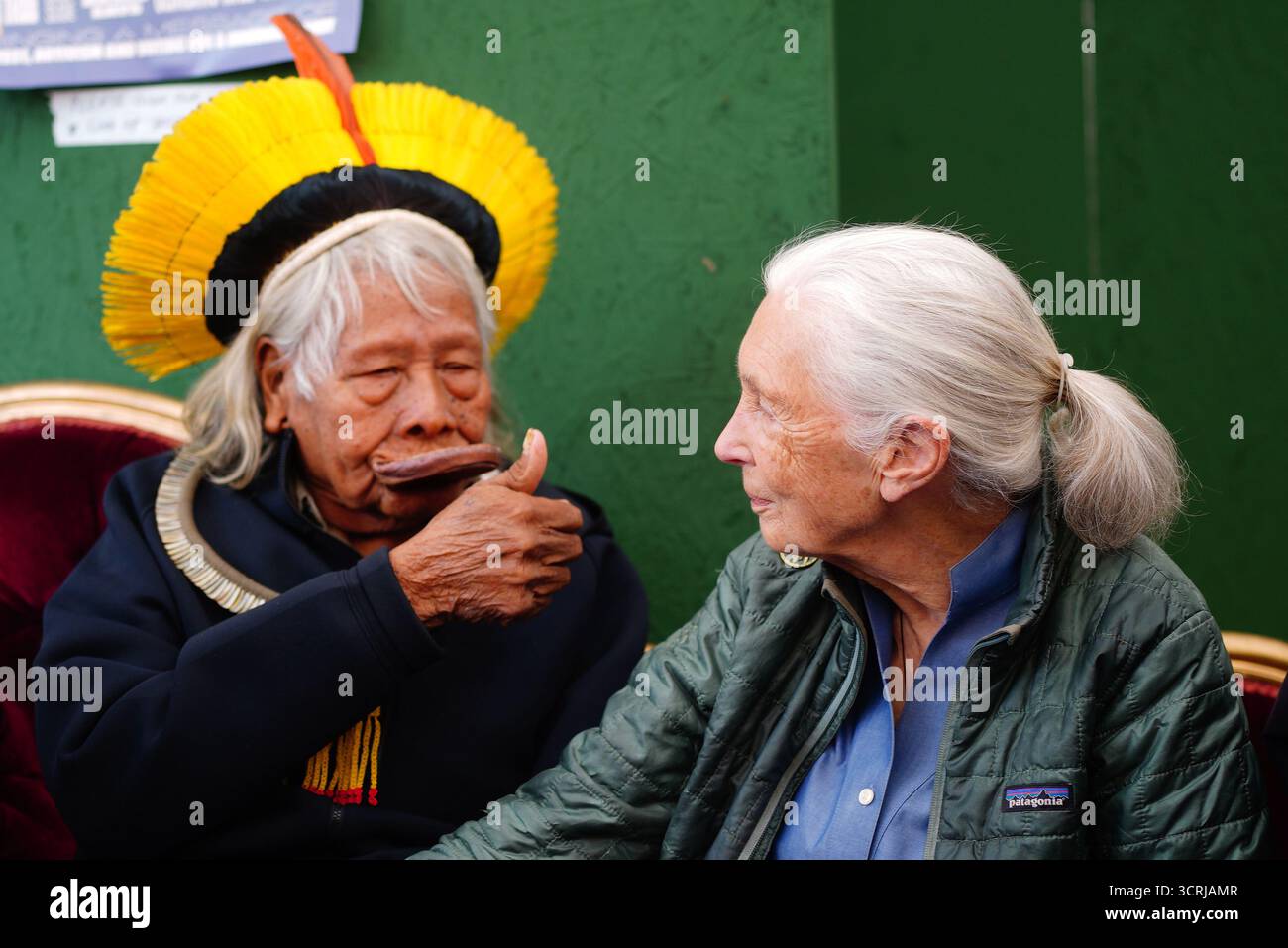 Photo du dossier datée du 28/06/24 de Dame Jane Goodall et du chef Raoni Metuktire sur la scène Greenpeace pendant le festival de Glastonbury à Worthy Farm dans le Somerset. Dame Jane Goodall, écologiste britannique et experte en chimpanzés, est décédée à l'âge de 91 ans, a déclaré le Jane Goodall Institute. Date d'émission : mercredi 1er octobre 2025. Banque D'Images Photo du dossier datée du 28/06/24 de Dame Jane Goodall et du chef Raoni Metuktire sur la scène Greenpeace pendant le festival de Glastonbury à Worthy Farm dans le Somerset. Dame Jane Goodall, écologiste britannique et experte en chimpanzés, est décédée à l'âge de 91 ans, a déclaré le Jane Goodall Institute. Date d'émission : mercredi 1er octobre 2025. Banque D'Images