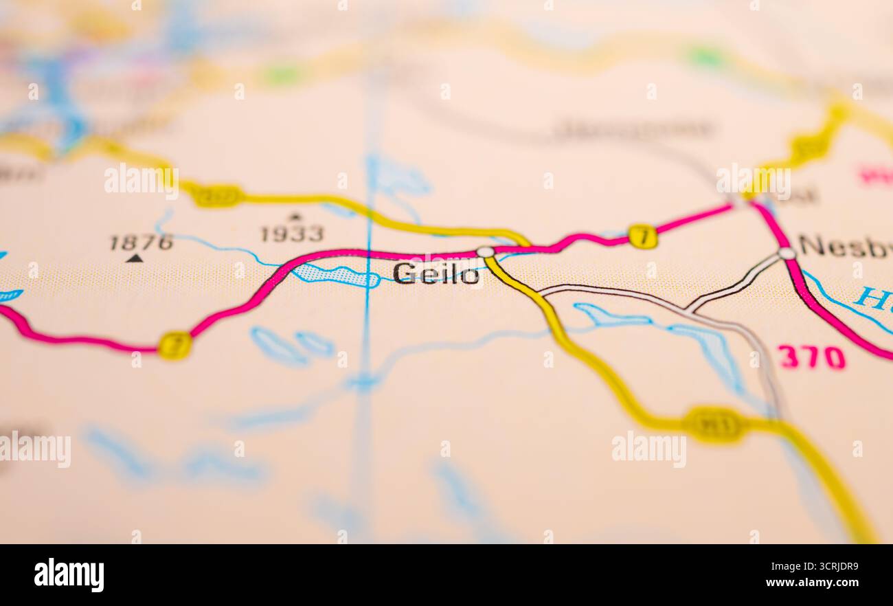 Ville de Geilo mise en évidence sur la carte détaillée de la Norvège Banque D'Images
