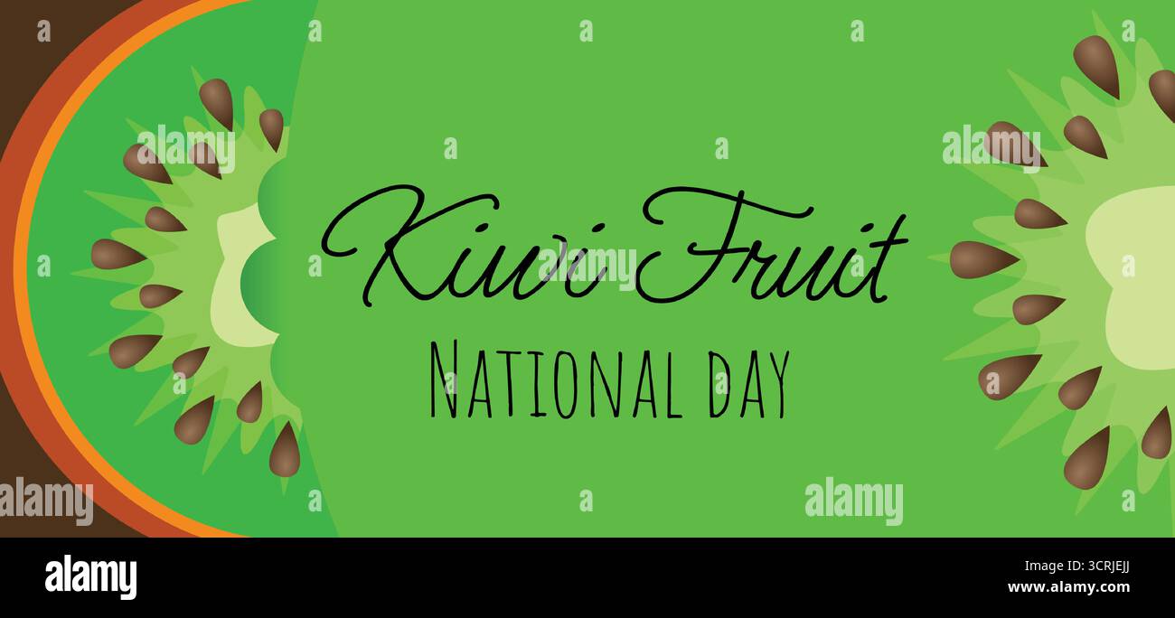 Affiche de la Journée du kiwi. Vente fond horizontal avec fruit kiwi de dessin animé sur fond vert avec espace de copie pour le texte. Illustration vectorielle. Illustration de Vecteur