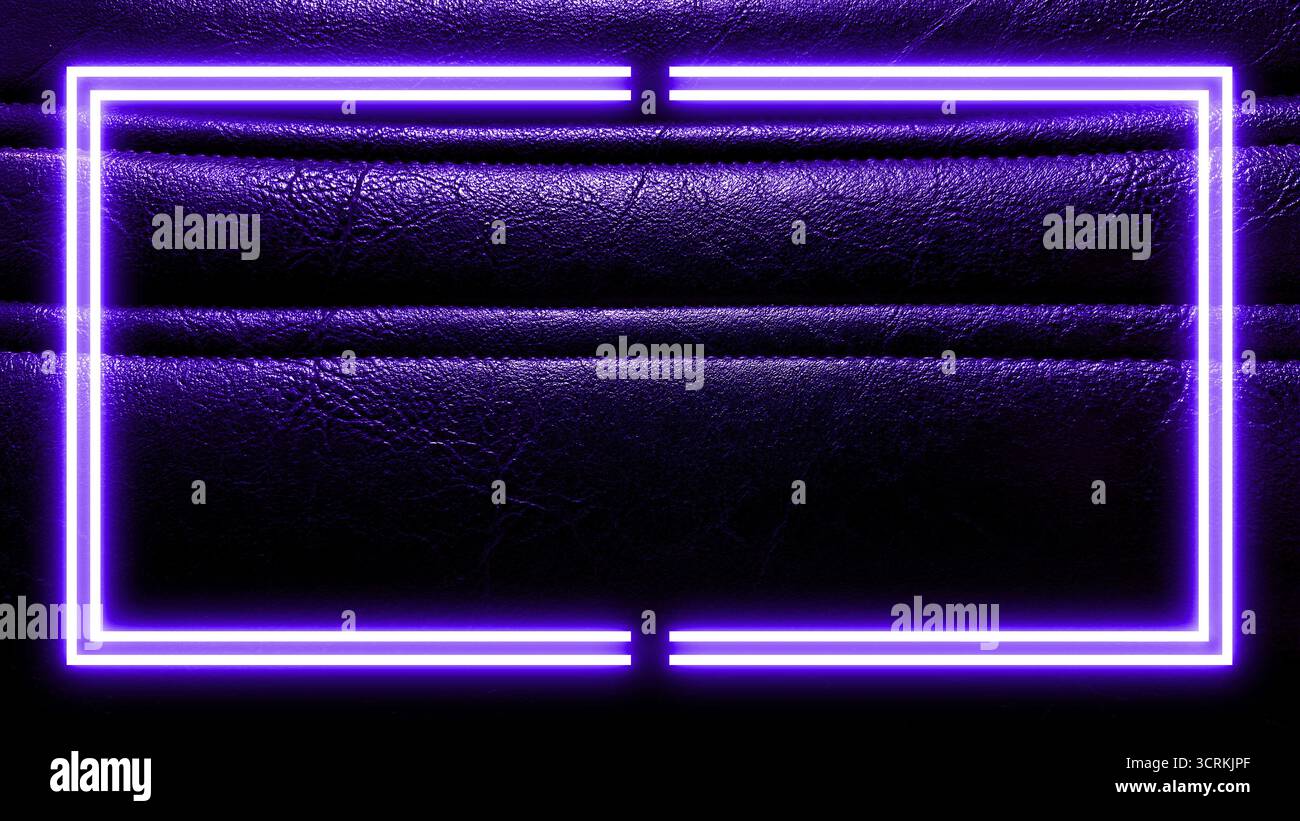 Arrière-plan en cuir noir texturé foncé lignes de couture horizontales parallèles. Arrière-plan cadre lumineux au néon violet vif crée un contraste net Banque D'Images