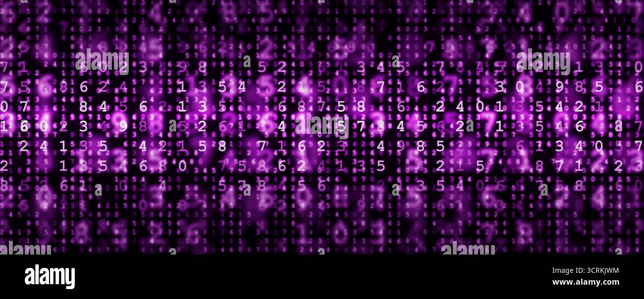 Flux de numéros de néon violet en style matriciel numérique, représentant les réseaux d'information, le codage et la science des données. Idéal pour la finance, la technologie, les logiciels, Banque D'Images