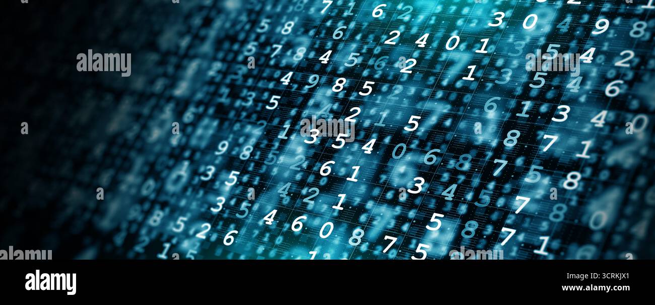 Matrice lumineuse bleue de nombres avec effet de flux numérique, représentant l'apprentissage automatique, le codage et les réseaux d'information. Idéal pour L'INFORMATIQUE, la finance, le cyber Banque D'Images