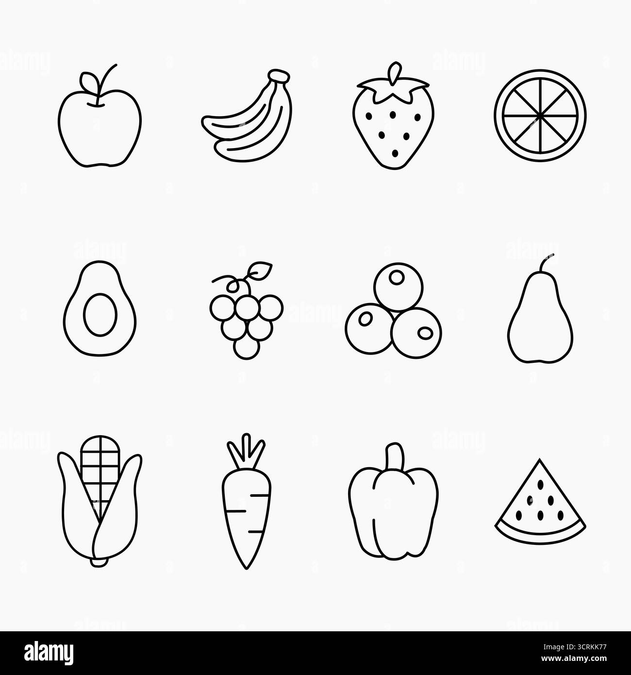 Icônes minimalistes de ligne noire de fruits et légumes, y compris pomme, banane, carotte et plus, illustration vectorielle Illustration de Vecteur