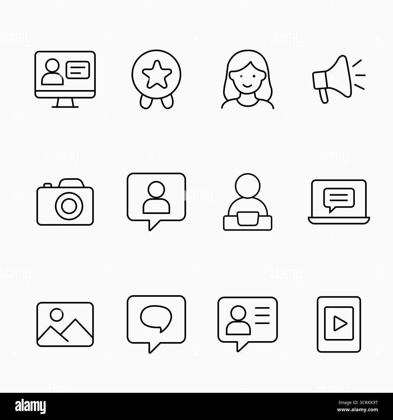 Collection d'icônes simples représentant le contenu généré par les consommateurs, la communication, les médias et les éléments de style de vie, illustration vectorielle Illustration de Vecteur