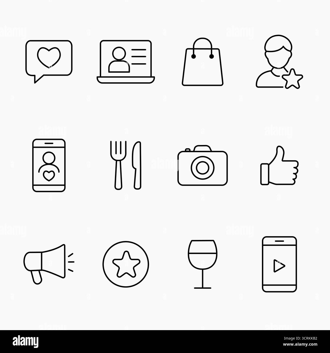 Collection d'icônes de contour minimal comprenant du contenu généré par les consommateurs, des médias sociaux, des achats, des éléments alimentaires et de style de vie, des illustrations vectorielles Illustration de Vecteur