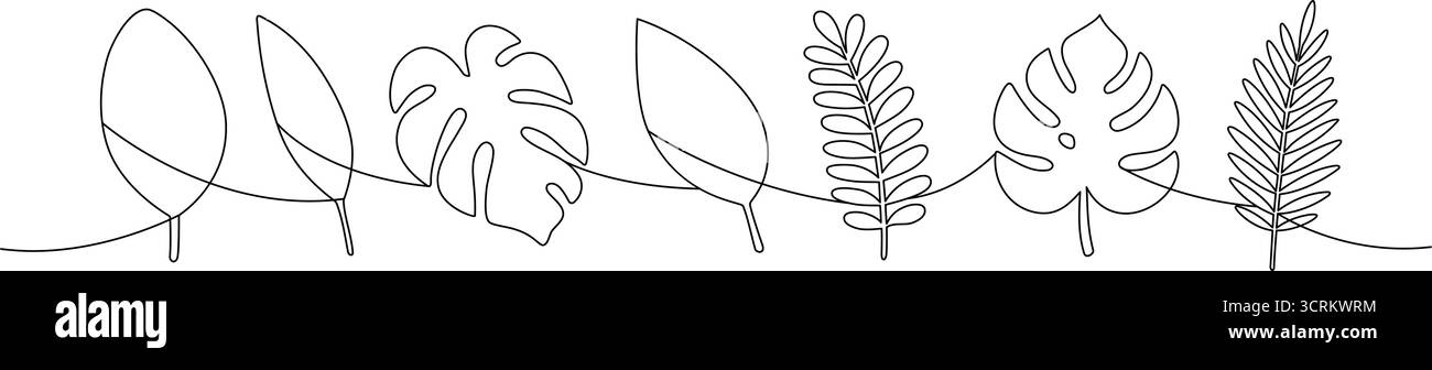 Feuilles tropicales en ligne continue art dans un style minimaliste. Feuillage botanique abstrait pour un design moderne et un décor estival Illustration de Vecteur