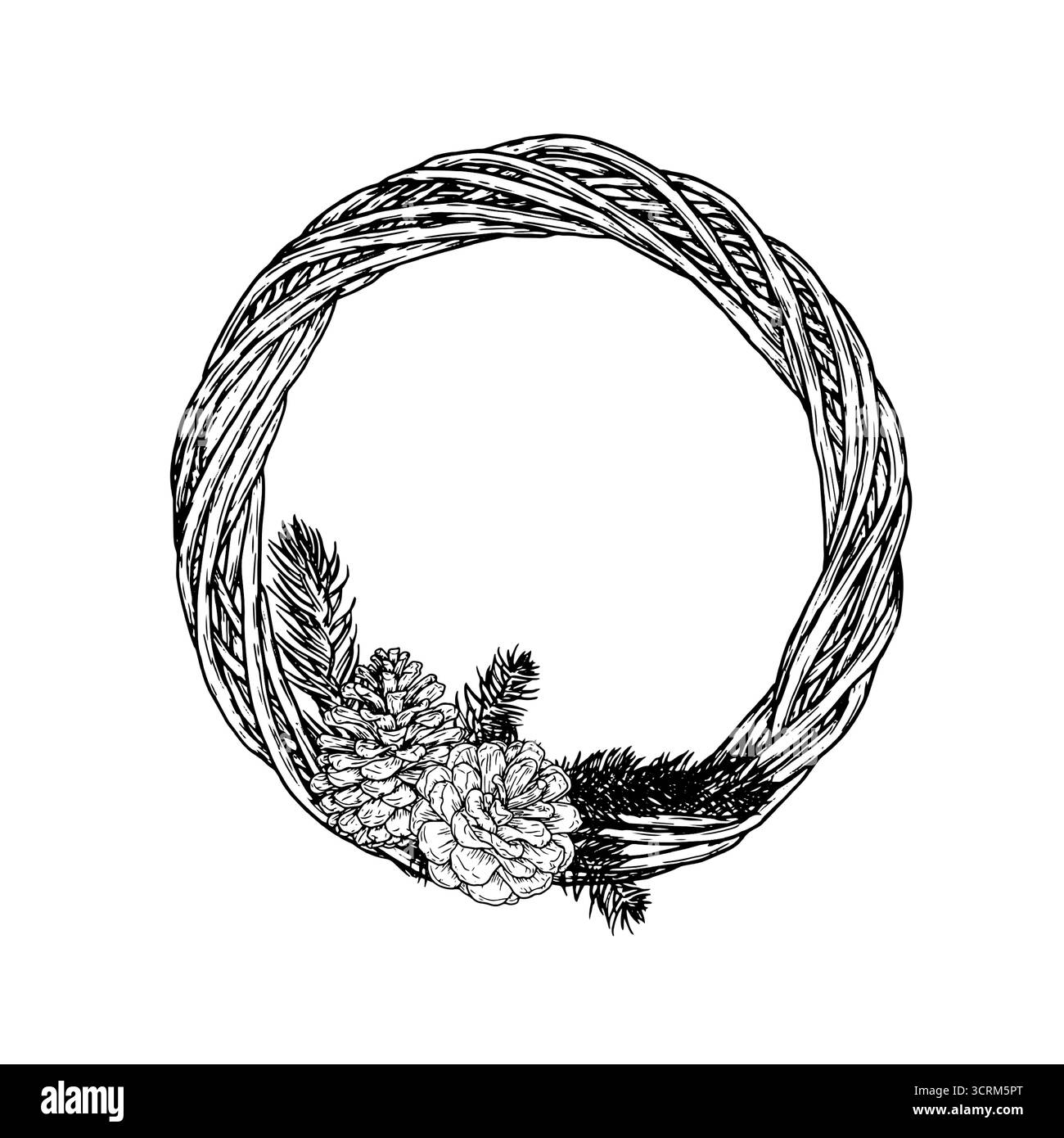 Une couronne de branches avec des pommes de pin et des brindilles d'épinette esquisse. Illustration vectorielle. Cadre de Noël rond, isolé sur un fond blanc. Concept pour Illustration de Vecteur Une couronne de branches avec des pommes de pin et des brindilles d'épinette esquisse. Illustration vectorielle. Cadre de Noël rond, isolé sur un fond blanc. Concept pour Illustration de Vecteur