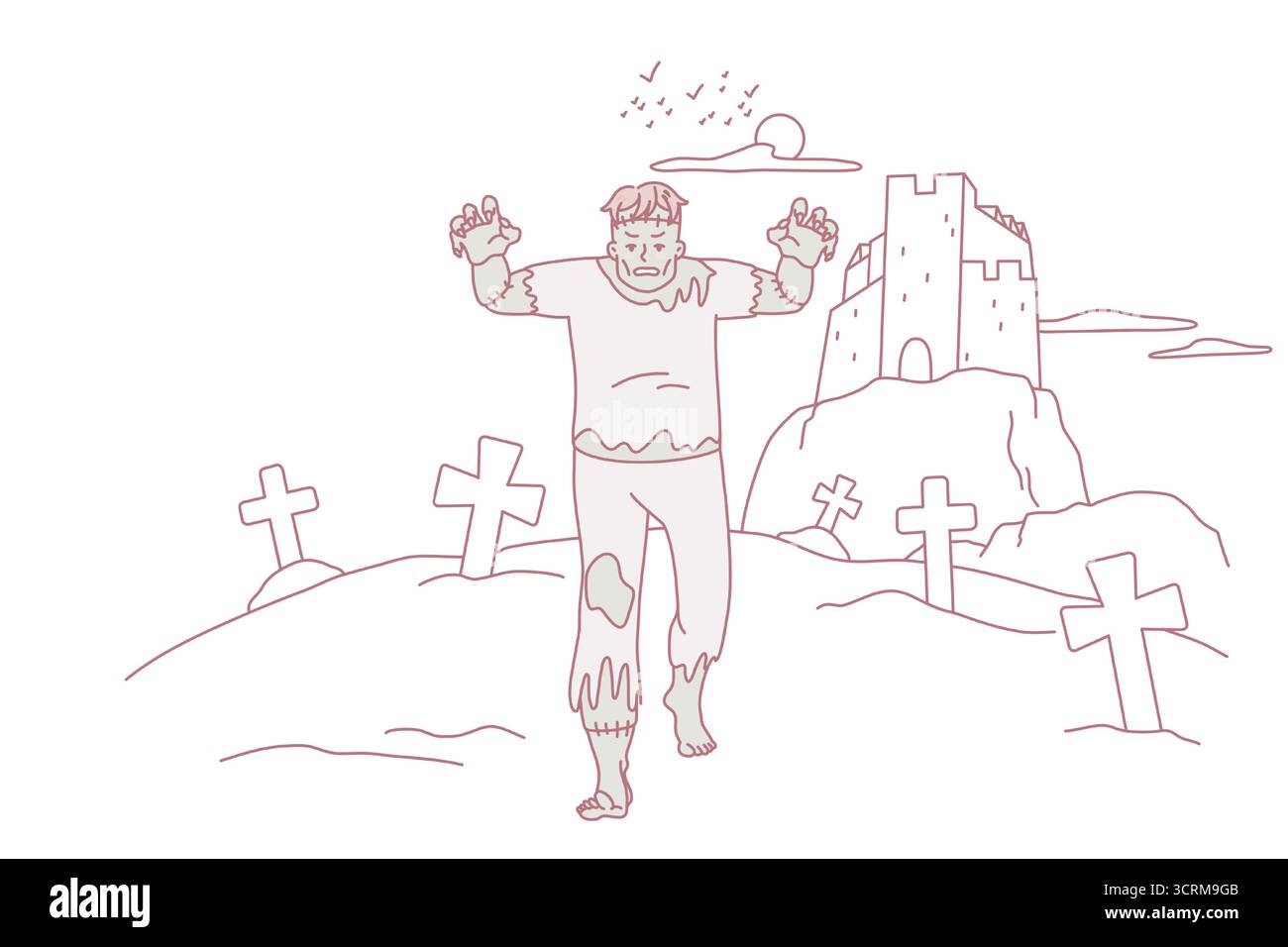 Effrayant mort marchant dans le cimetière. Frankenstein va effrayer la ville terrifiante. Illustration vectorielle plate. Illustration de Vecteur