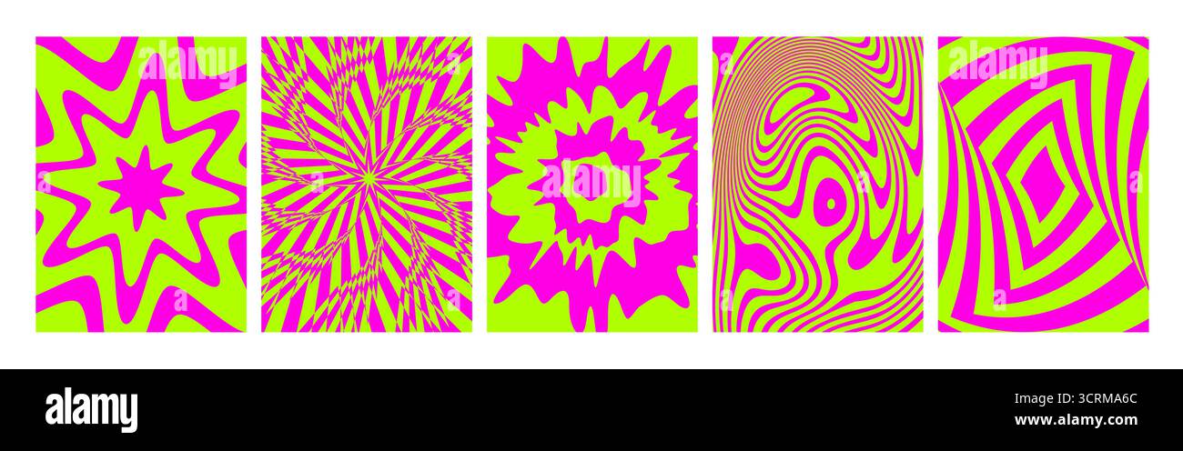 Collection de motifs rétro de couleur hypnotique avec des motifs psychédéliques - tourbillons rose fluo et vert lime, rayons Starburst, lignes ondulées pour affiches ou arrière-plans. Ensemble d'œuvres d'art vintage groovy vibrant. Illustration de Vecteur