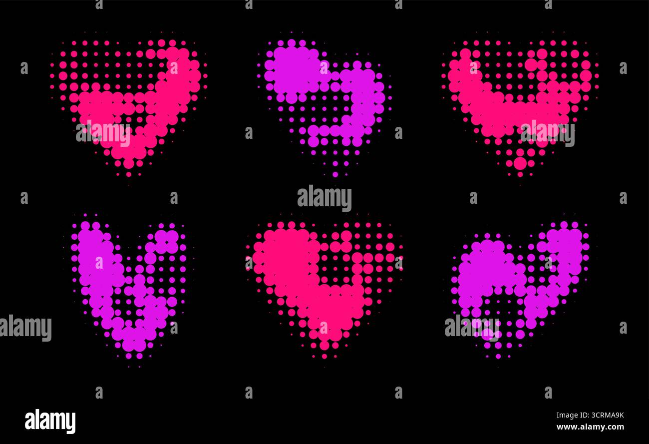 Symboles coeurs roses et violets avec dégradé de points demi-teintes pour la saint-valentin. Formes d'amour néon avec effets de bords pixelisés. Icônes romantiques rétro numériques pour les médias sociaux ou les décorations de fête. Illustration de Vecteur