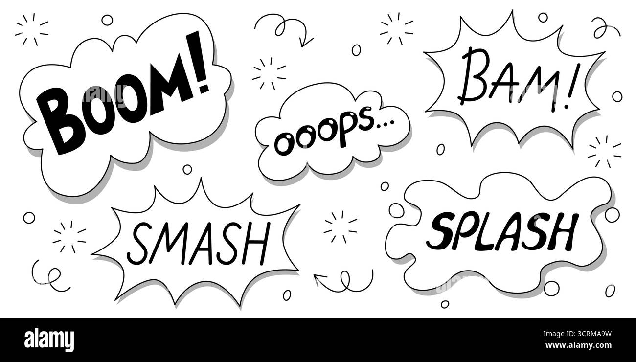 Explosions comiques noires avec boom et ooops, éclaboussures, smash et BAM dans des bulles de discours. Typographie audacieuse avec des étincelles, des lignes de mouvement et des flèches pour l'action de super héros vintage ou des panneaux de roman graphique. Illustration de Vecteur