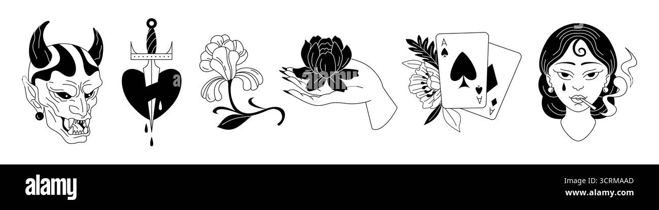 Icônes de tatouage Old School définies isolées sur fond blanc. Illustration vectorielle de la tête du diable, cœur saignant poignardé par un poignard vintage, main féminine gothique avec fleur noire, cartes as, femme fumeuse Illustration de Vecteur