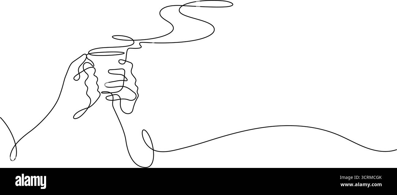 tasse à café tenant avec détente à la vapeur une ligne dessin continu à la main copie espace art décoratif minimaliste Illustration de Vecteur