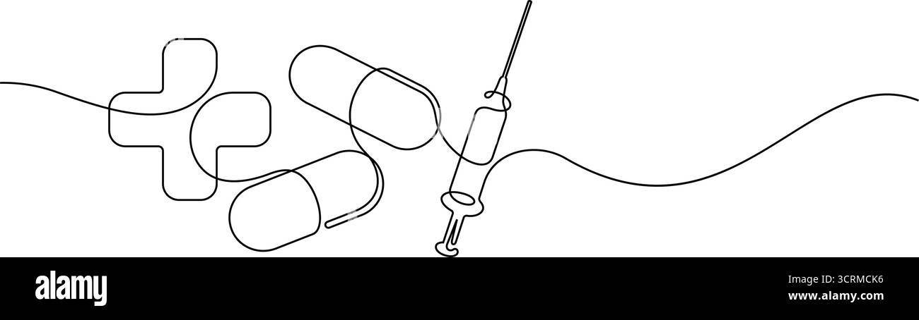 médecine médicale de santé et concept pharmaceutique une ligne dessin minimalisme continu décoratif caractérisé médical croisé capsules et vacci seringue Illustration de Vecteur