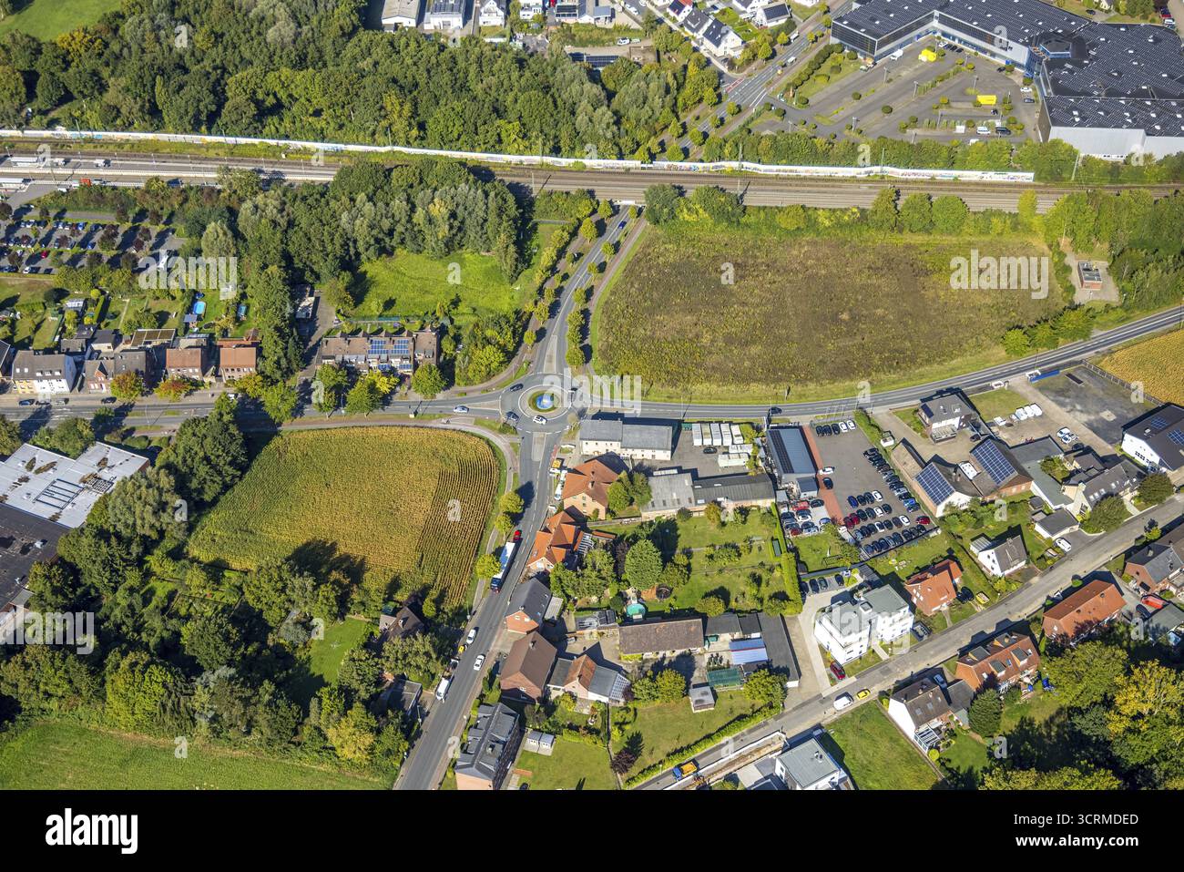 Vue aérienne, zone résidentielle avec rond-point Vogelstrasse, Frielicker Weg et Ahlener Strasse, zones de prairies, quartier Heessen, Hamm, Ruhr, Nord Banque D'Images