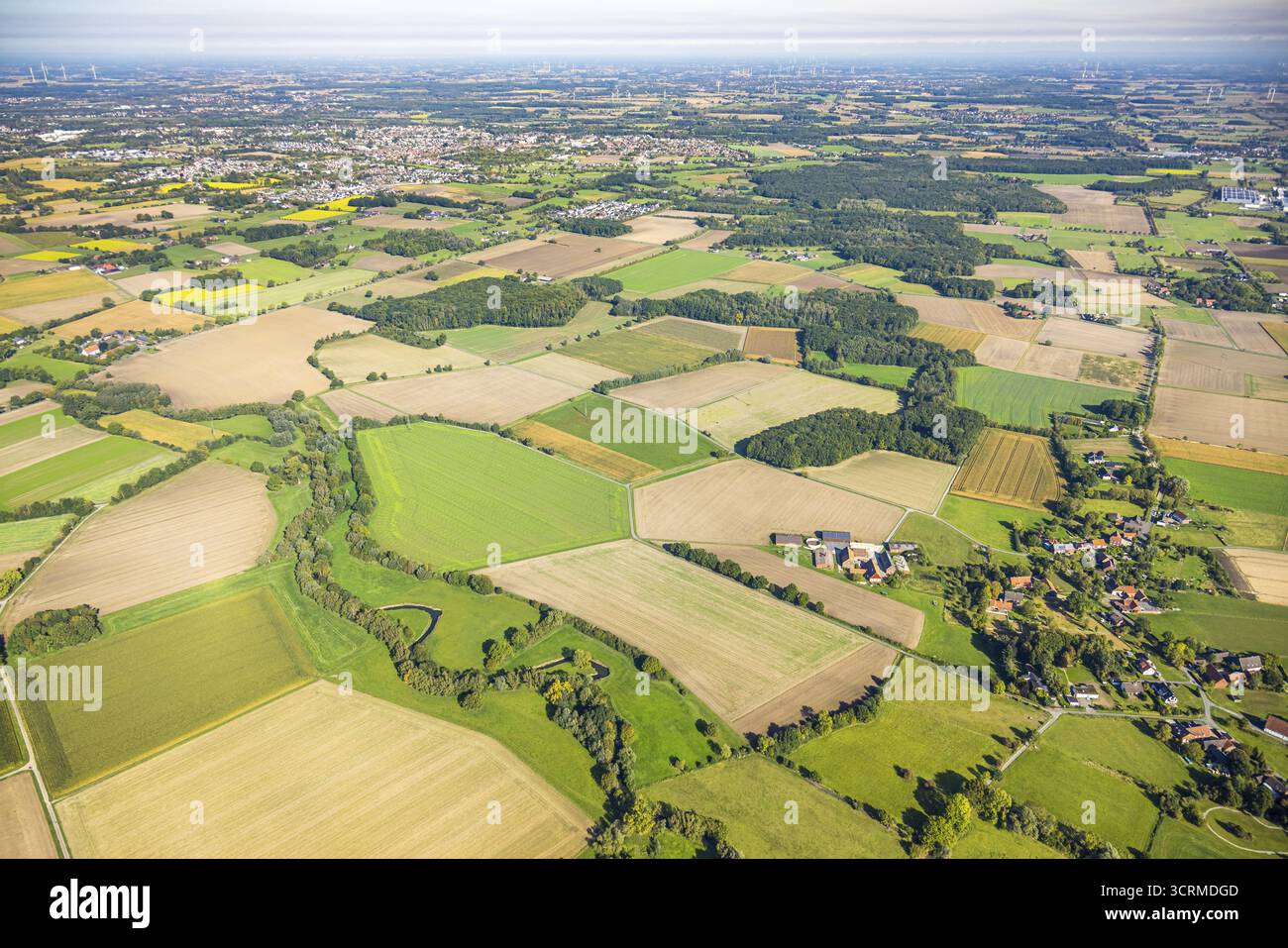 Vue aérienne, prairies et champs, Voeckinghausen, vue sur Hamm, quartier Rhynern, Hamm, Ruhr area, Rhénanie-du-Nord-Westphalie, Allemagne, DE, Europe, agricul Banque D'Images