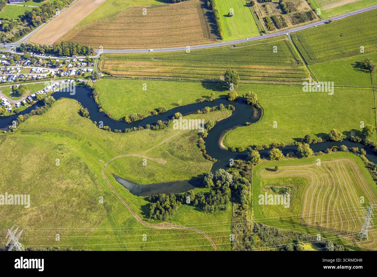 Vue aérienne, rivière Lippe méandre paysage plaine inondable Schmehauser Mersch, prairies et champs, Uentrop, Hamm, région de la Ruhr, Rhénanie-du-Nord-Westphalie, Banque D'Images
