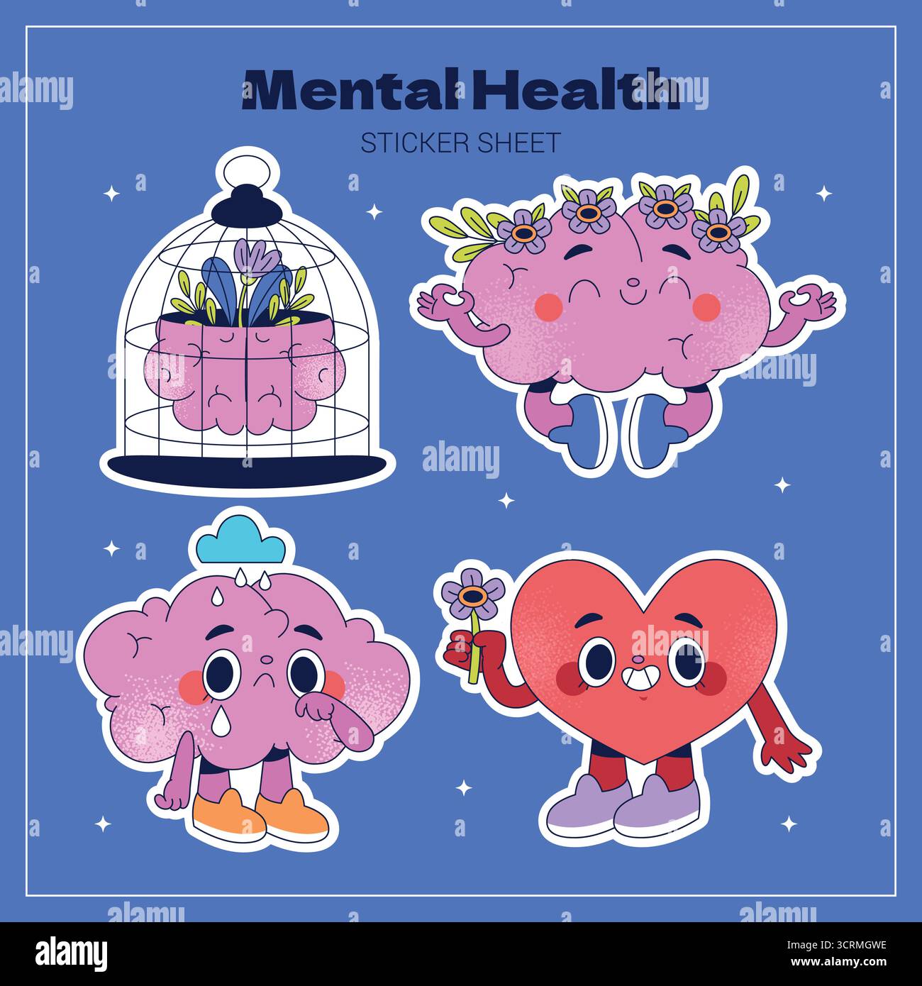 Personnages expressifs du cerveau et du cœur dans la collection d'autocollants de santé mentale émotionnelle Illustration de Vecteur