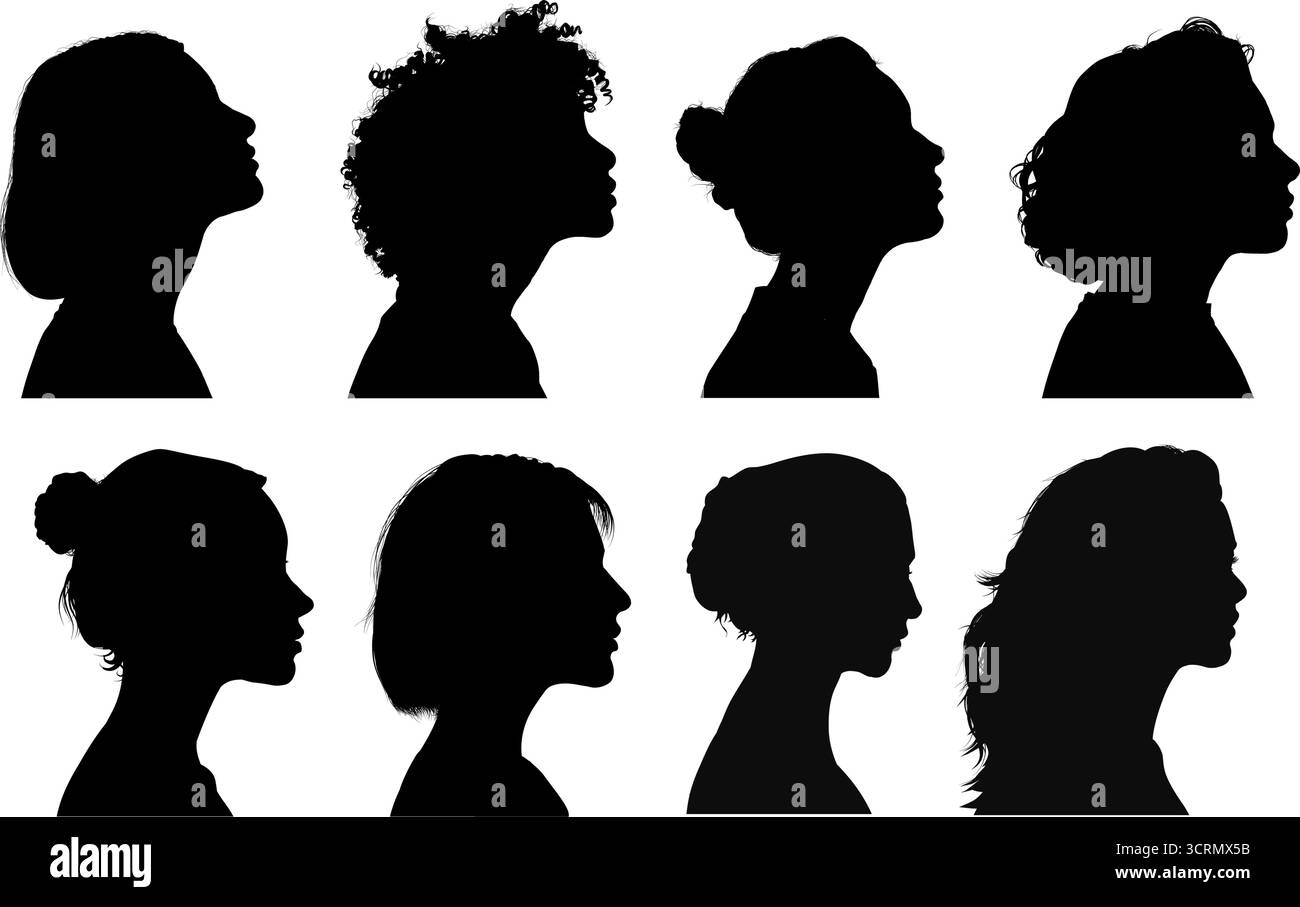 Ensemble de silhouettes de têtes de portrait de profil de quatre femmes différentes Illustration de Vecteur