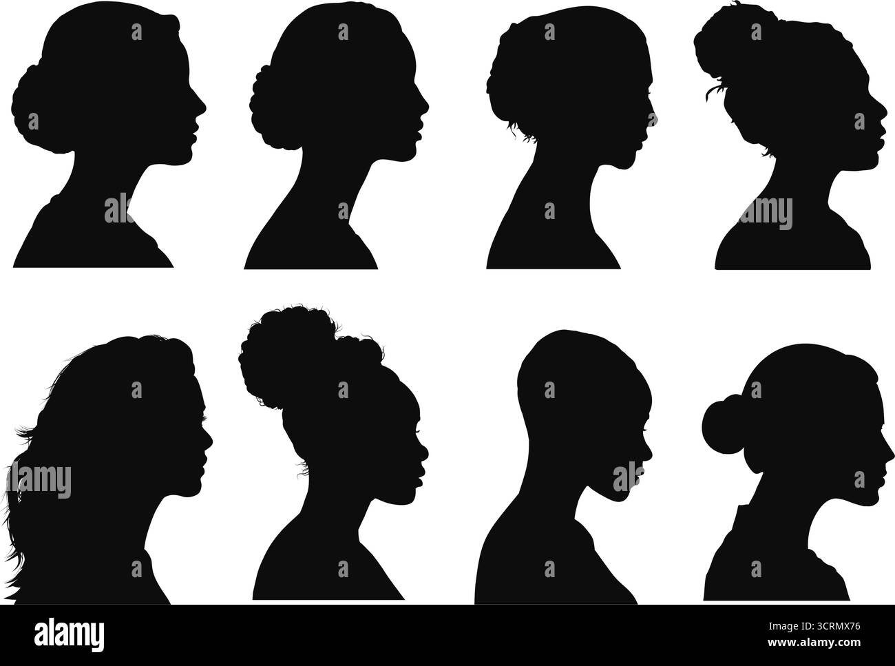 Ensemble de silhouettes de têtes de portrait de profil de quatre femmes différentes Illustration de Vecteur