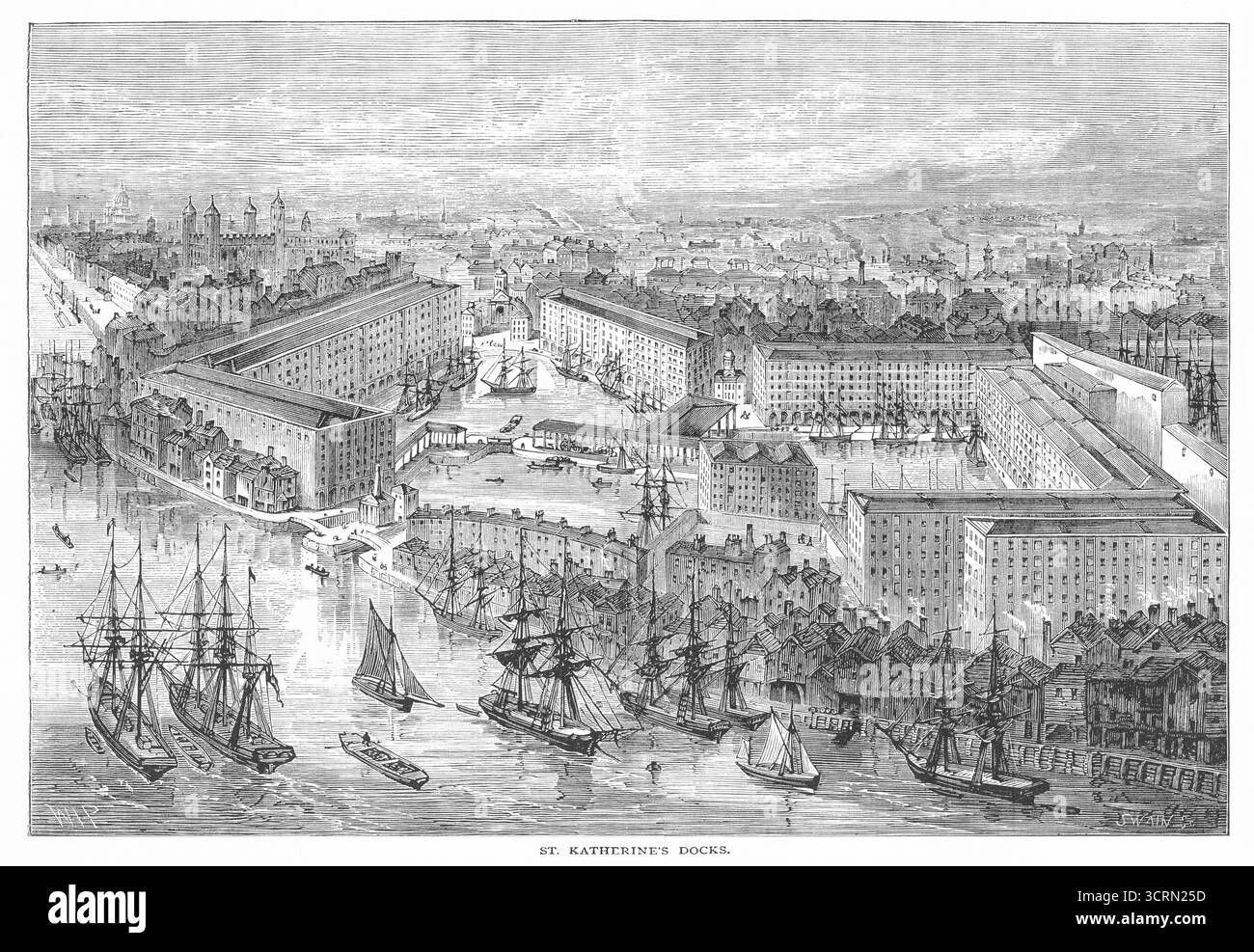 Gravure du XIXe siècle des docks de St.Katherines et de ses environs Banque D'Images