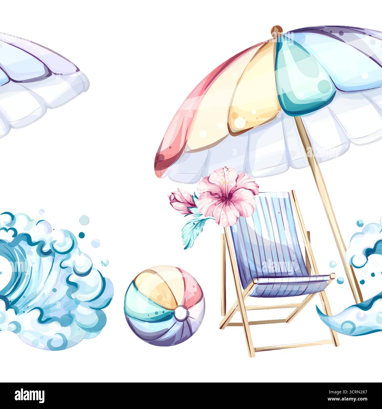 Papier peint de fond de plage d'été sans couture avec des parasols colorés, des vagues, des chaises de plage et des éléments festifs pour des vibrations de vacances Illustration de Vecteur