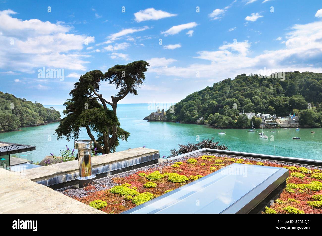 Kingswear vue sur le château de Dartmouth et l'église St Petrox à l'embouchure de la rivière Dart, et vie écologique / toit vert, Devon Angleterre Royaume-Uni Banque D'Images