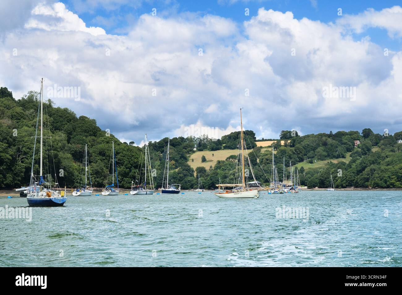 Vue depuis l'eau des bateaux sur l'estuaire de la rivière Dart entre Dittisham et Dartmouth avec en toile de fond les collines couvertes d'arbres, South Hams, Devon, Angleterre Royaume-Uni Banque D'Images