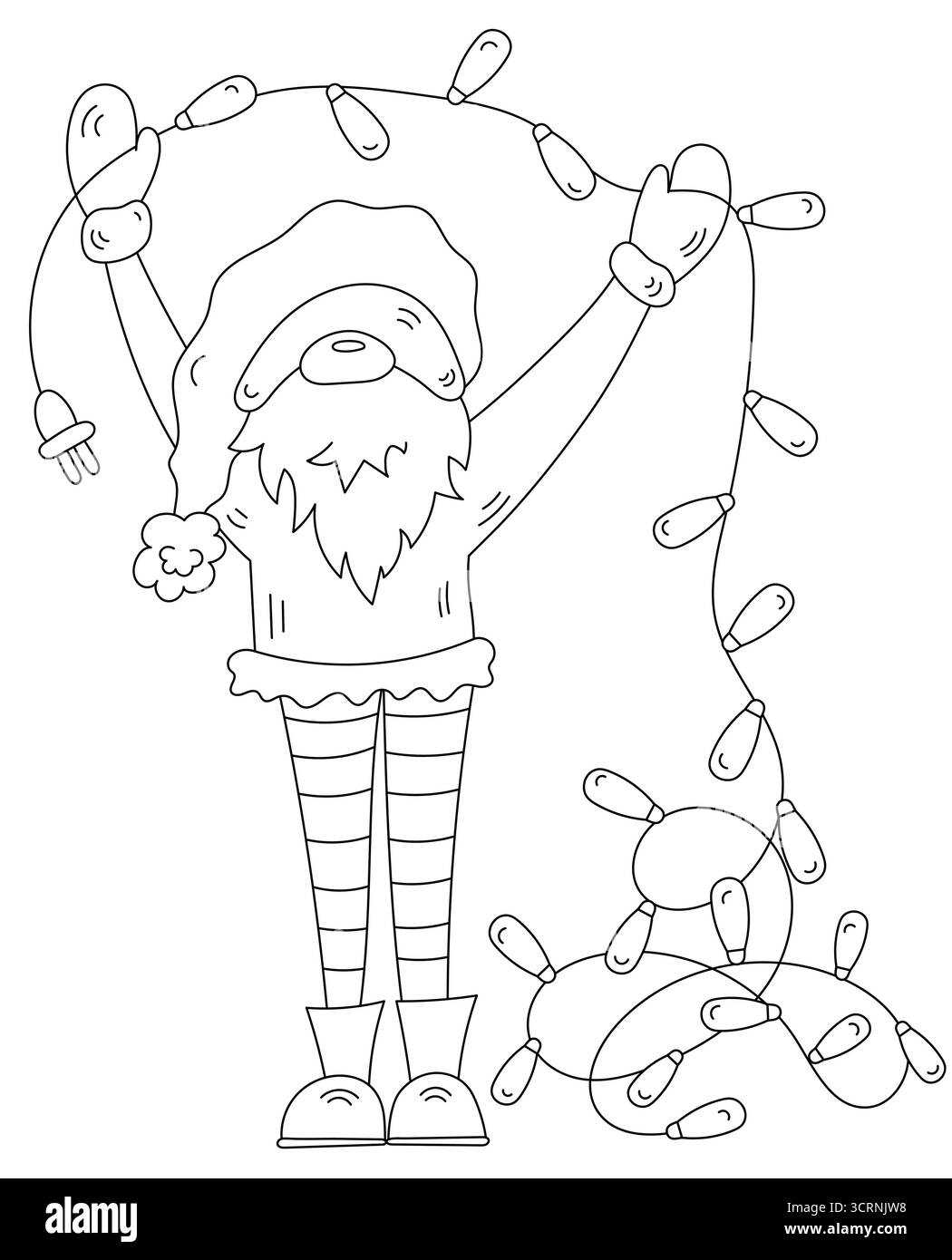 Coloriage d'Un Gnome de Noël avec des lumières à cordes Illustration de Vecteur