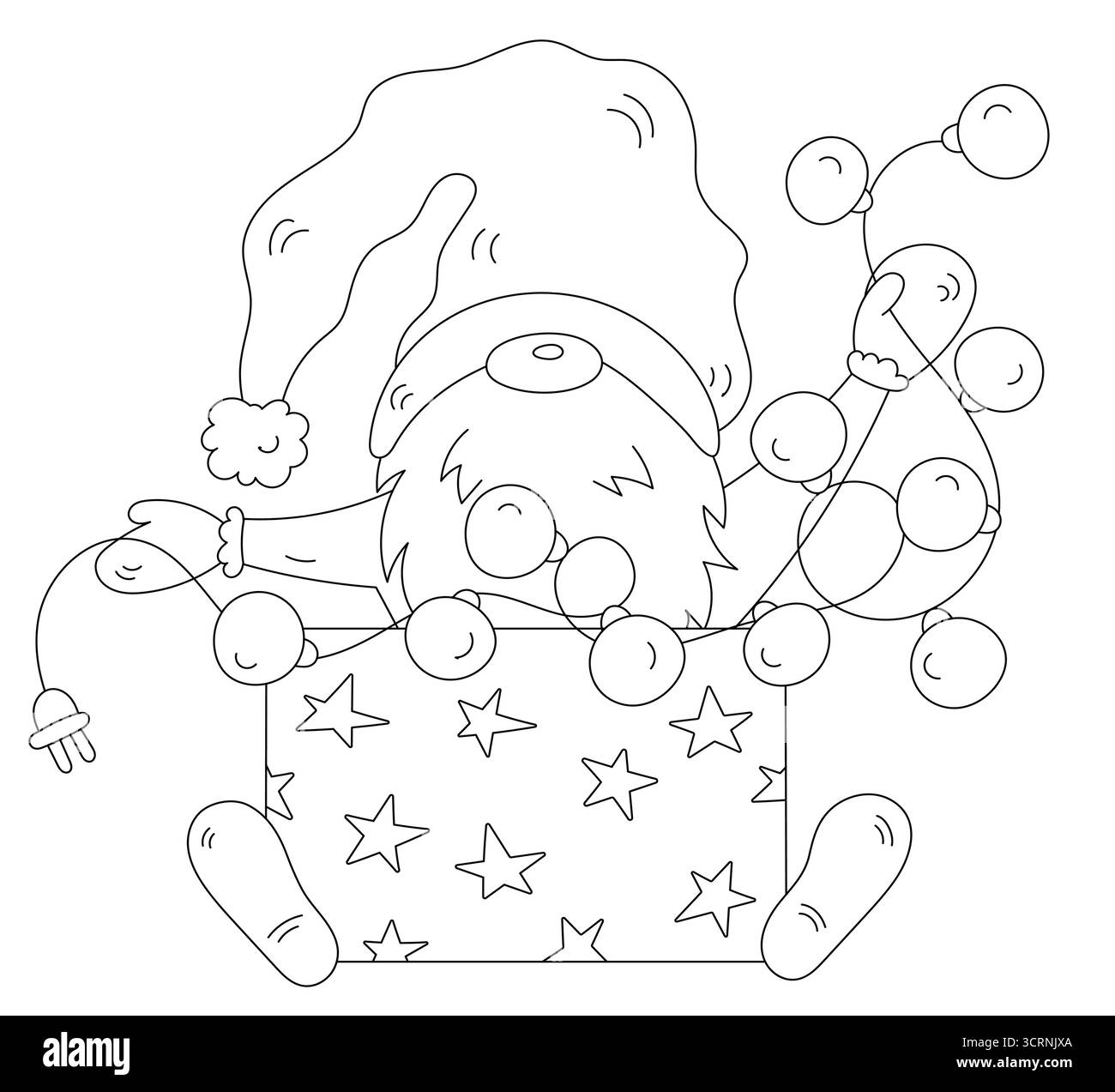 Coloriage d'Un Gnome de Noël avec des lumières à cordes Illustration de Vecteur